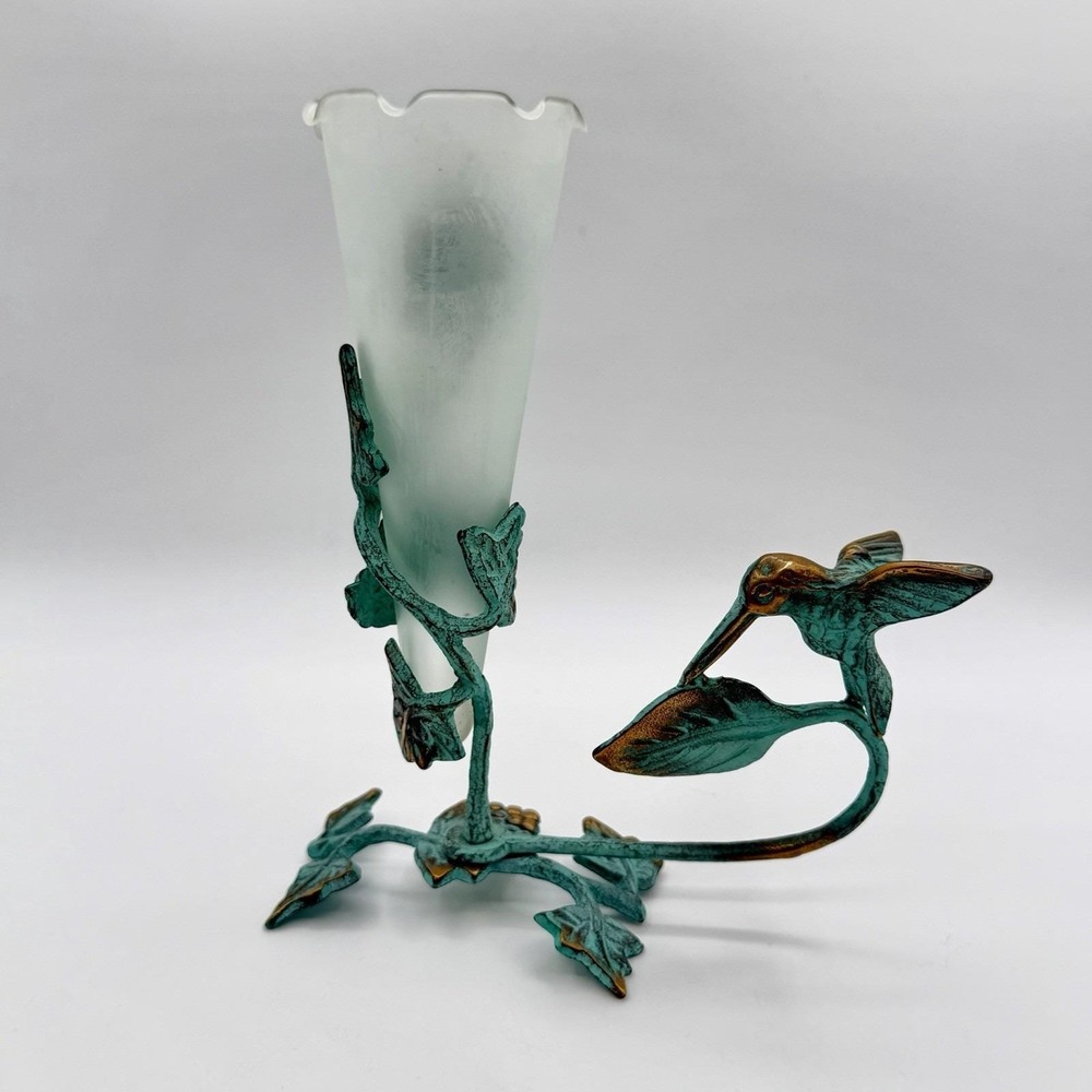 Vintage 90's Brass Hummingbird Verdigris Flower Candle Holder Vase Green Ivy - Picture 13 of 16